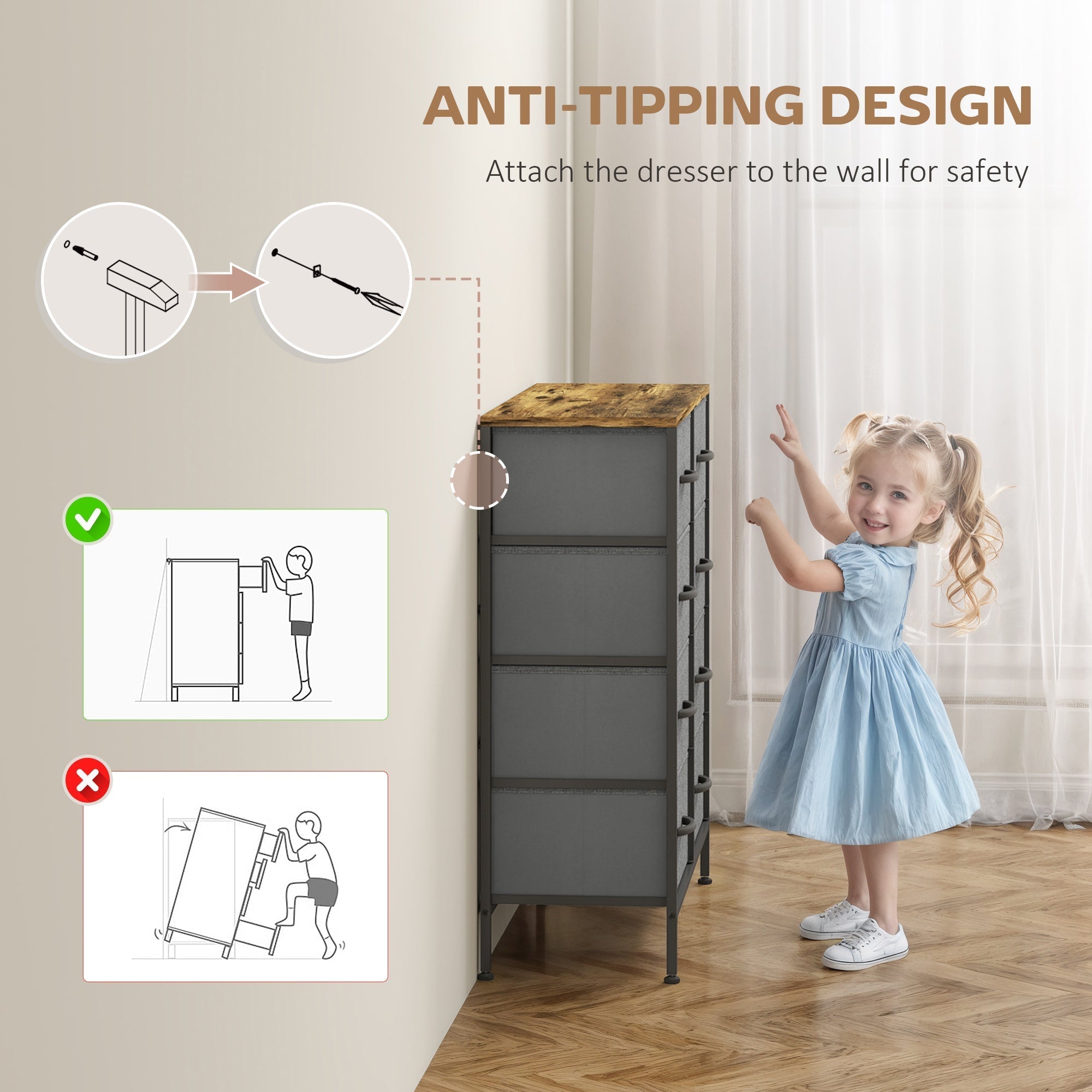 HOMCOM Fabric Chest of Drawers, Industrial Bedroom Dresser with 8 Fabric Drawers, Steel Frame and Wooden Top for Nursery, Living Room, Hallway, Rustic Brown and Grey