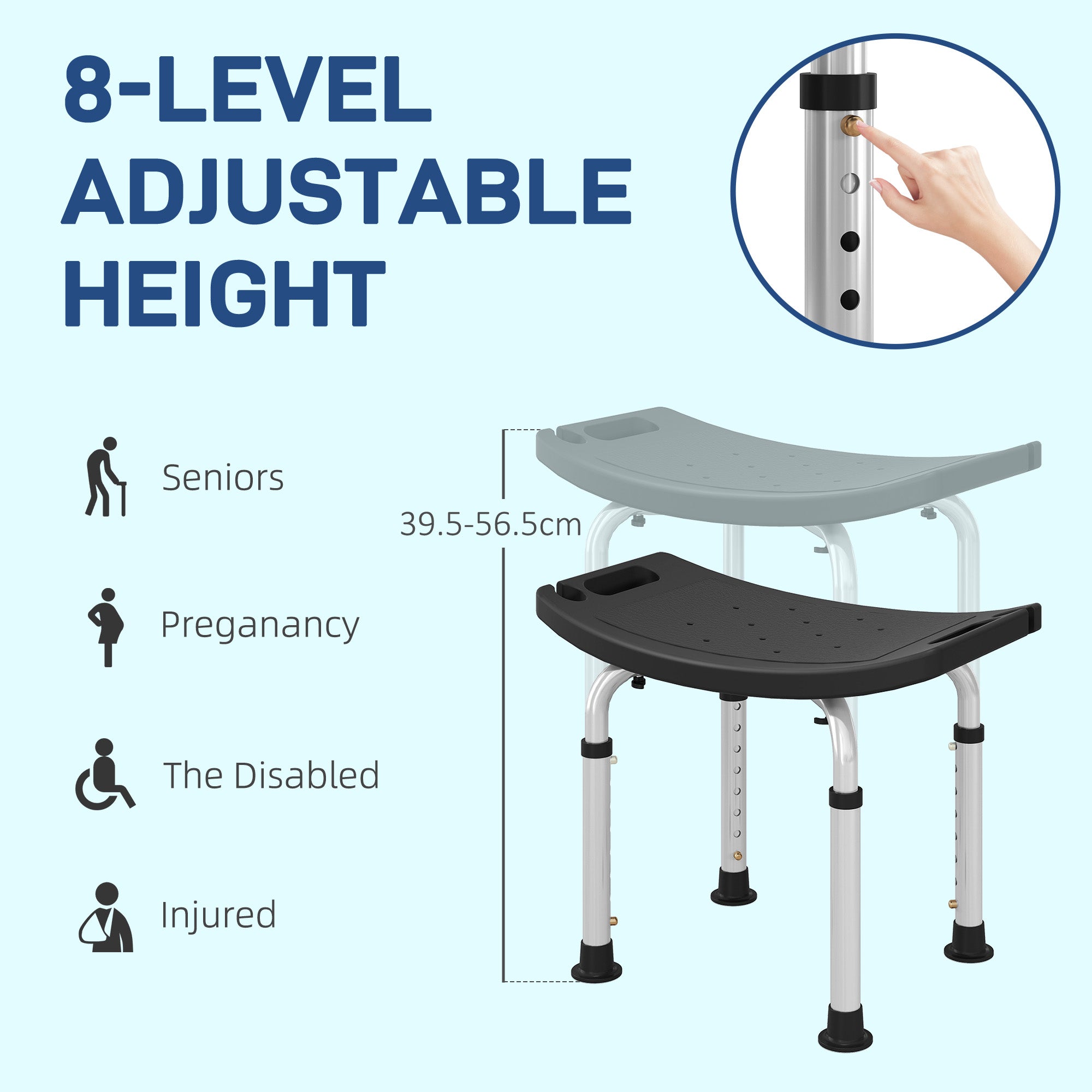 HOMCOM Height Adjustable Bath Stool, Aluminium Shower Stool with Non-Slip Pads for Elderly, Disabled, Seniors, Pregnant, Black