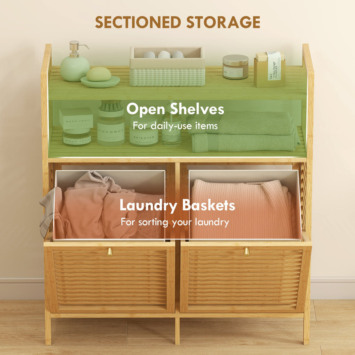 HOMCOM Double Tilt Out Bamboo Laundry Cabinet, Freestanding Bathroom Cabinet with 2 Removable Baskets, Natural