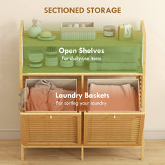 HOMCOM Double Tilt Out Bamboo Laundry Cabinet, Freestanding Bathroom Cabinet with 2 Removable Baskets, Natural
