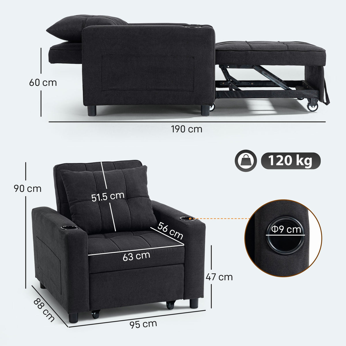HOMCOM 3-in-1 Single Sofa Bed, Convertible Sleeper Chair Bed - Black