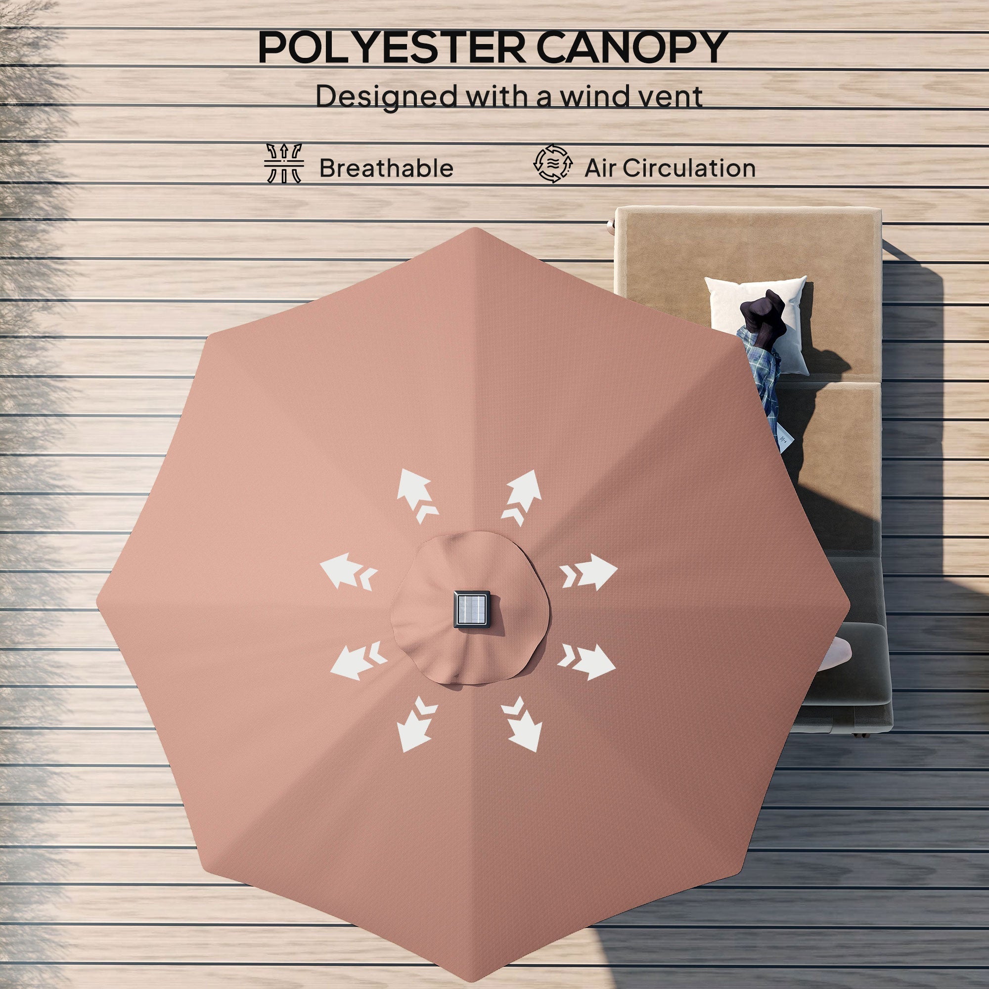 Outsunny â2.7m Garden 24 LED Light Parasol Solar Outdoor Tilt Sun Umbrella Patio Club Party Event Manual Sun Shade w/ Hand Crank and 8 Ribs, Brown