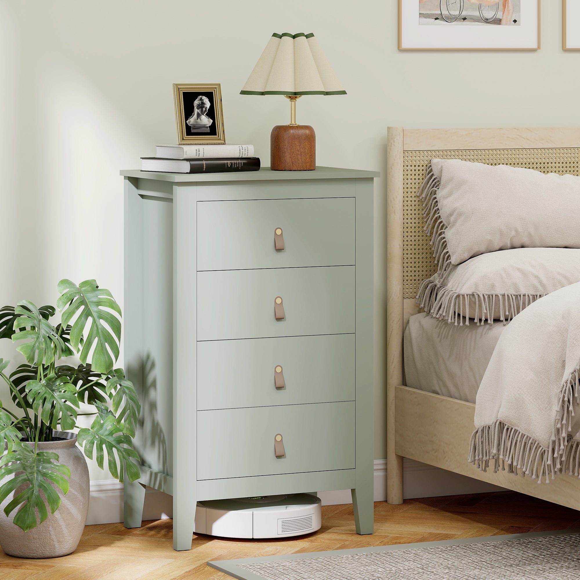 HOMCOM Bedroom Chest of Drawers, Modern 4 Drawer Dresser Cabinet with PU Leather Handles and Metal Runners for Living Room, Hallway, Entryway, Green