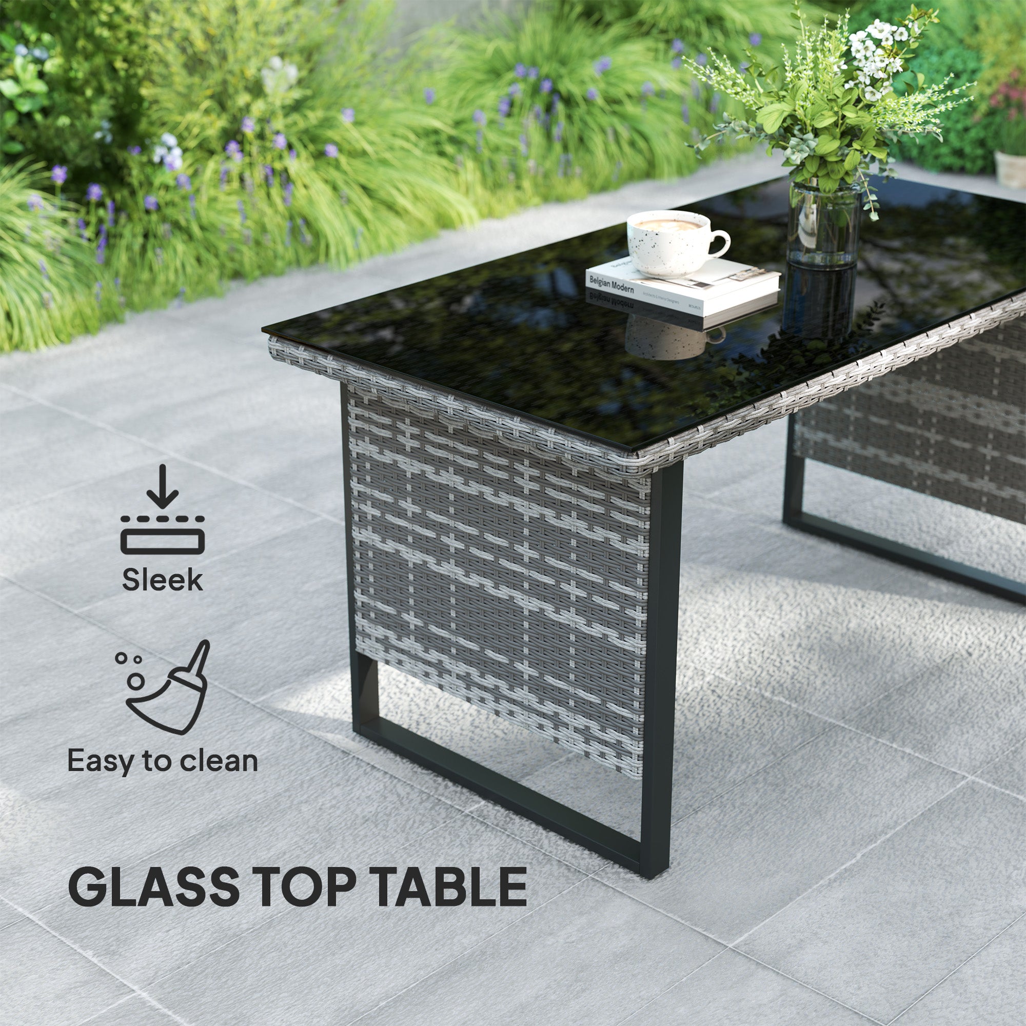 Outsunny 9 Piece Rattan Garden Furniture Set, 8 Seater Garden Corner Sofa with Cushions and Glass Top Table, Sectional Outdoor Furniture Conservatory Set for Patio, Light Grey