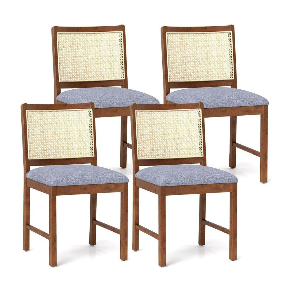 Rattan Dining Chair Set of 4 with wooden frames and grey fabric seats on a white background