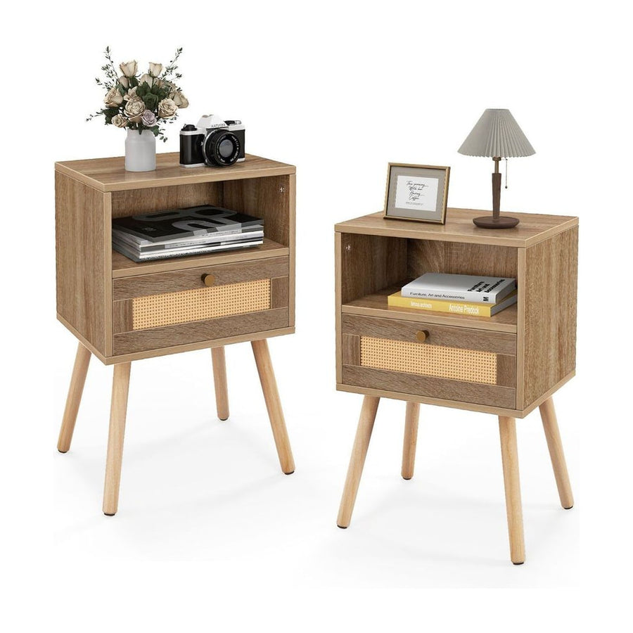 Rattan Nightstand Set of 2 with Rattan Drawer and Open Shelf-Natural