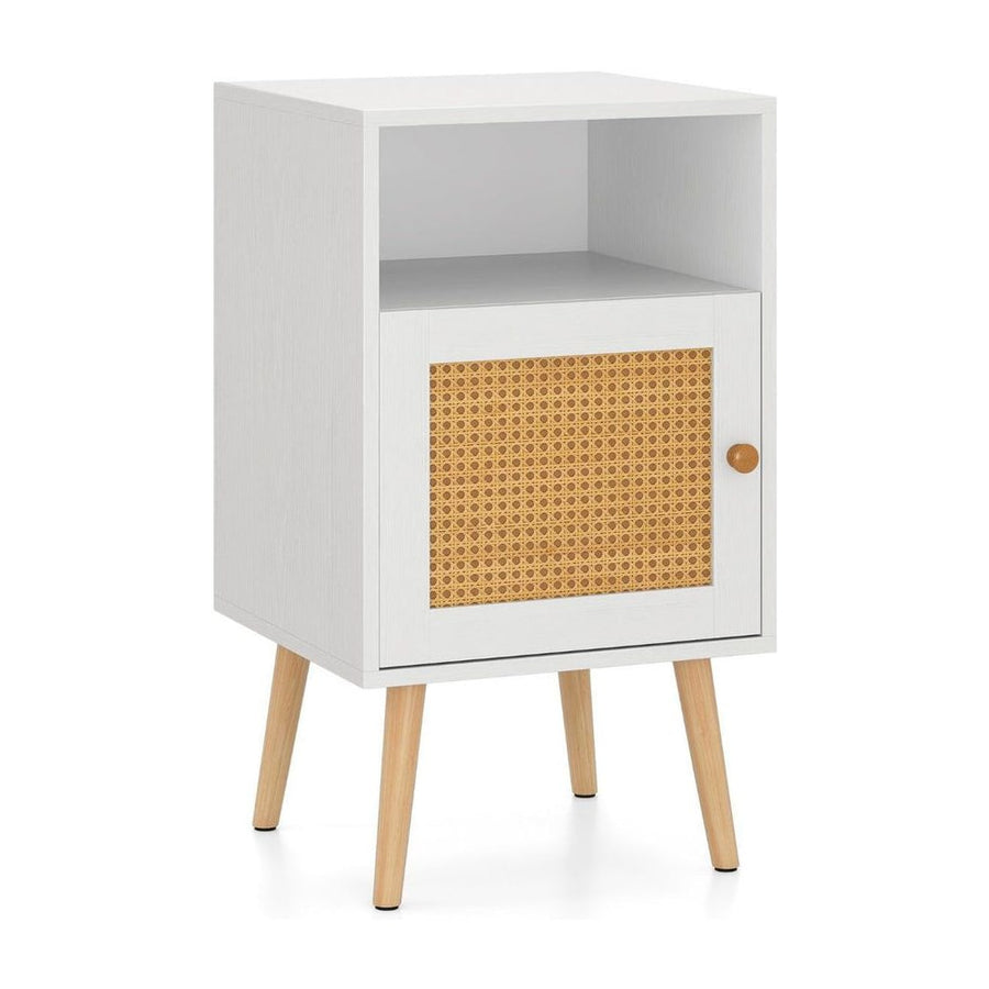 Rattan Nightstand with Storage and PE Rattan Decorated Door-White-1 Pack