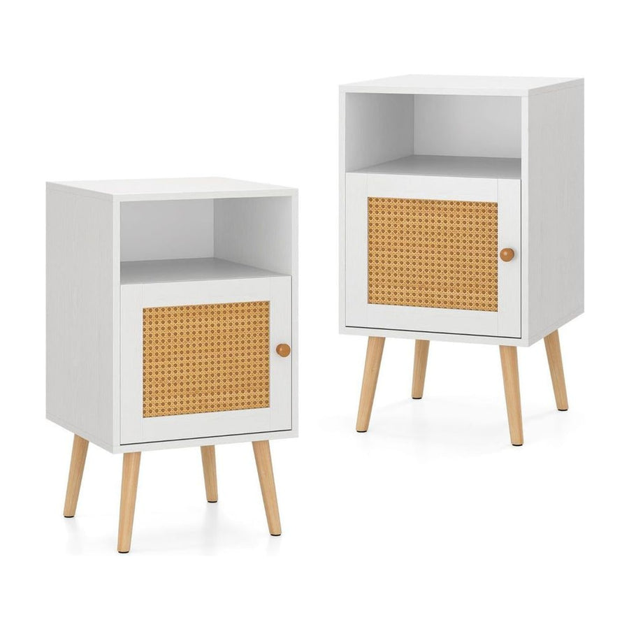Rattan Nightstand with Storage and PE Rattan Decorated Door-White-2 Pack