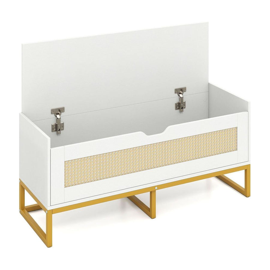 Rattan Storage Chest Wicker Shoe Bench with Padded Seat in white with gold legs