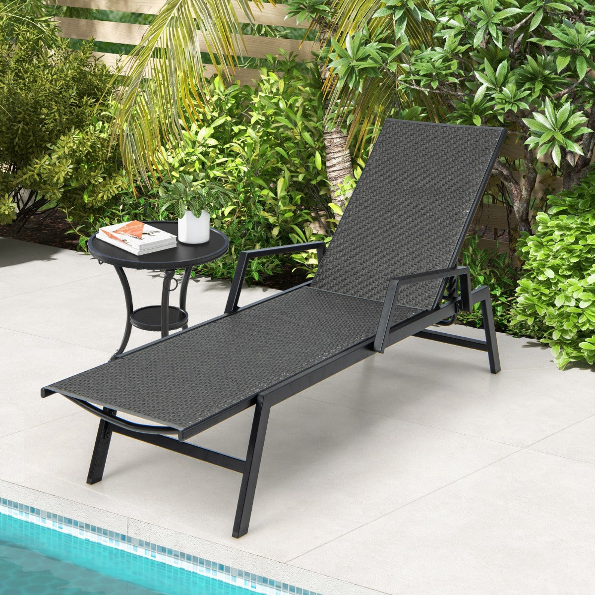 Outdoor Rattan Chaise Lounge with Armrests and 5-Position Backrest for Porch, Backyard-Brown