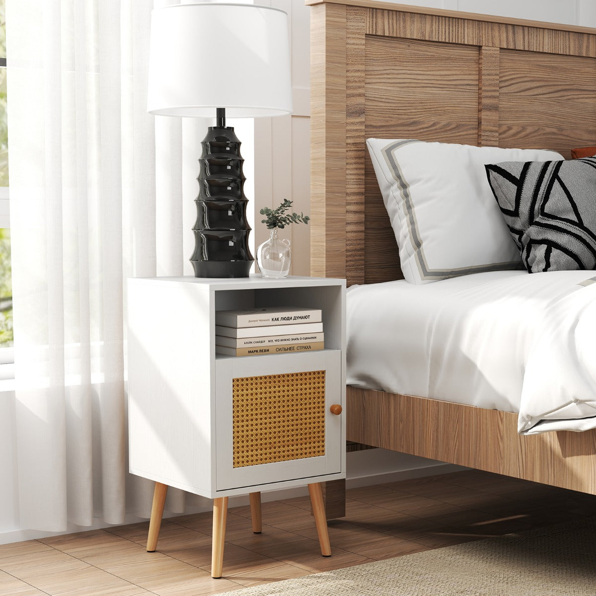 Rattan Nightstand with Storage and PE Rattan Decorated Door-White-2 Pack