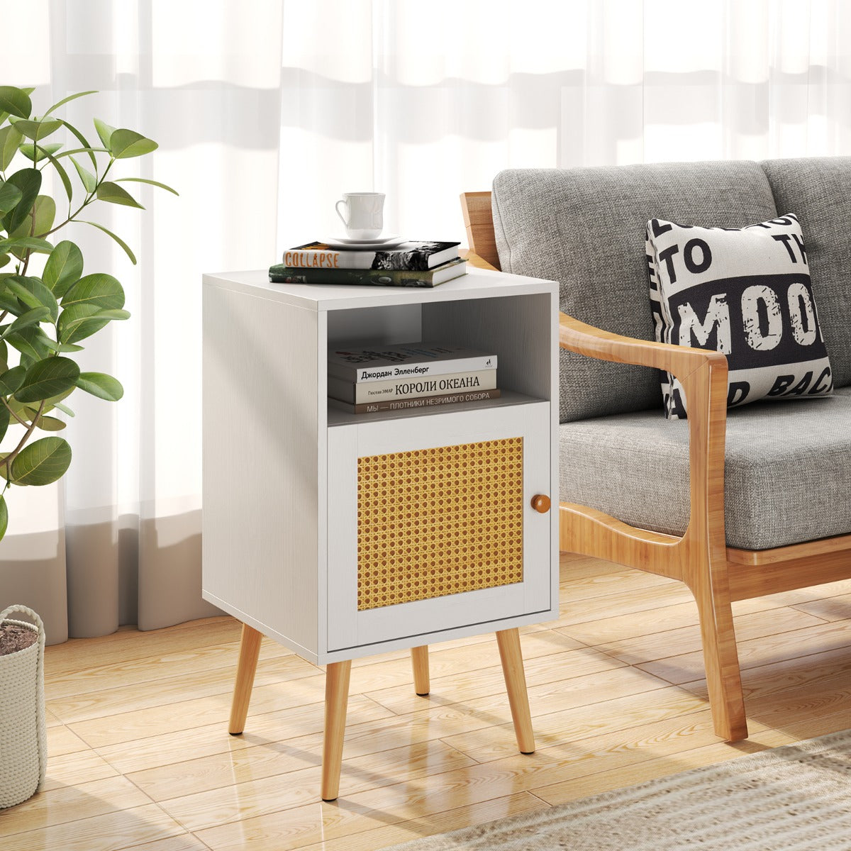 Rattan Nightstand with Storage and PE Rattan Decorated Door-White-1 Pack