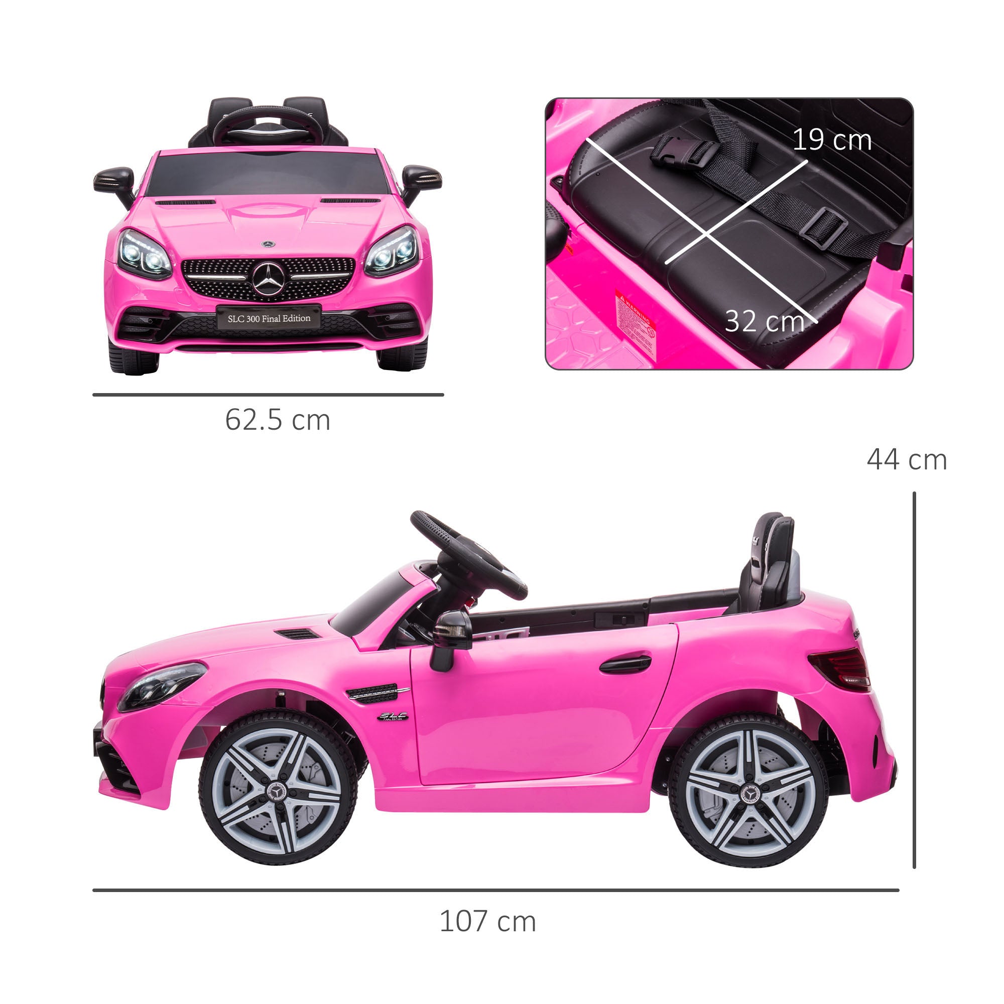 HOMCOM Benz SLC 300 Licensed 12V Kids Electric Ride On, with Music, Remote Control, LED Headlights, Horn, Pink