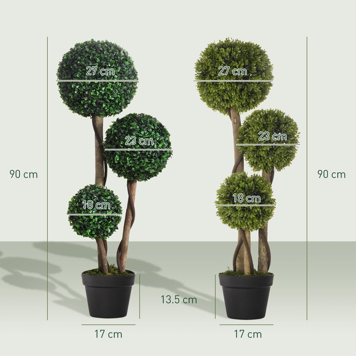 HOMCOM Decorative Artificial Plants Set of 2, Boxwood Ball Topiary Trees in Pot Fake Plants for Home Indoor Outdoor Decor, 90 cm, Dark Green