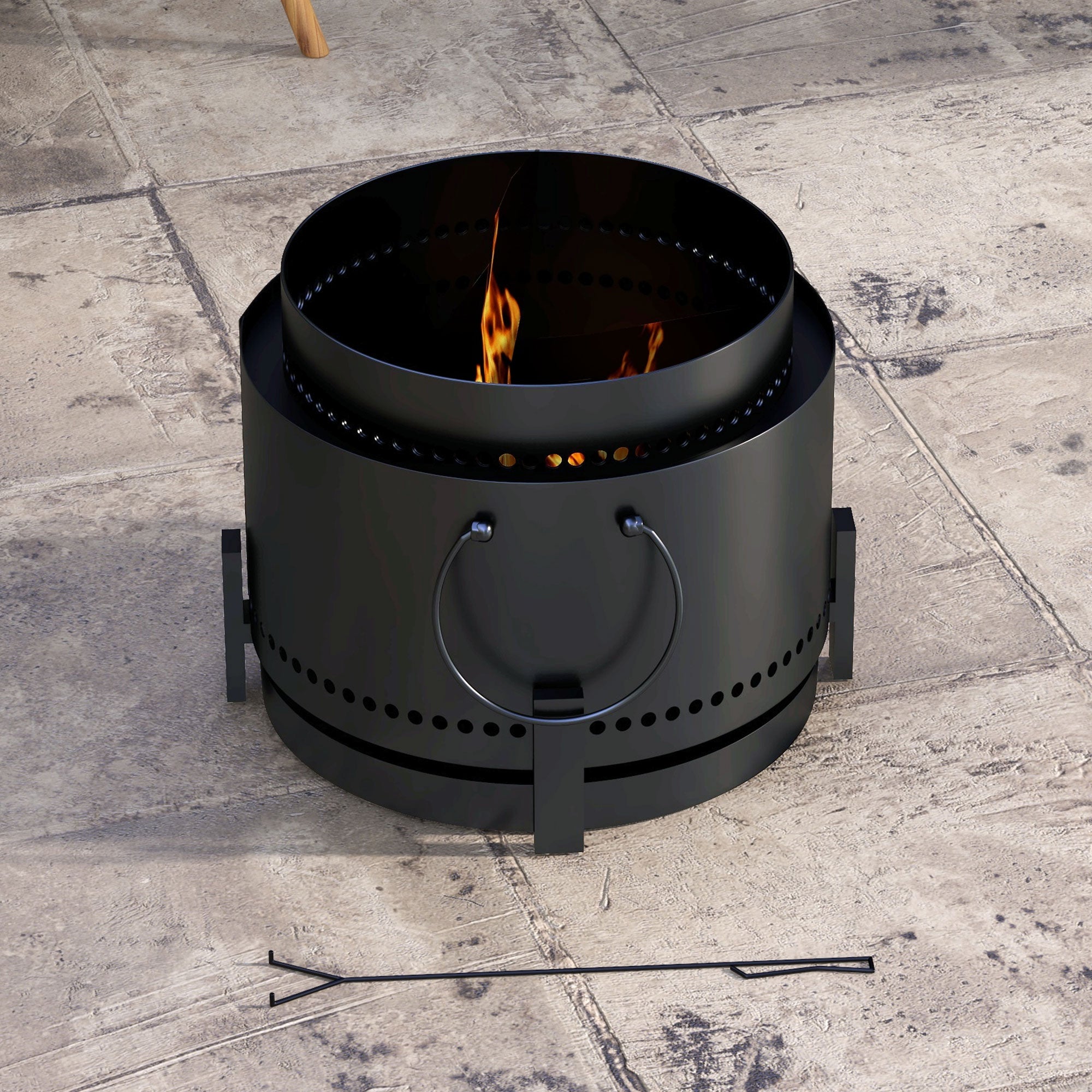 Outsunny Smokeless Fire Pit with Ash Catcher, 37cm Portable Wood Burning Firepit with Poker for Garden Camping Bonfire Party, Metal, Black