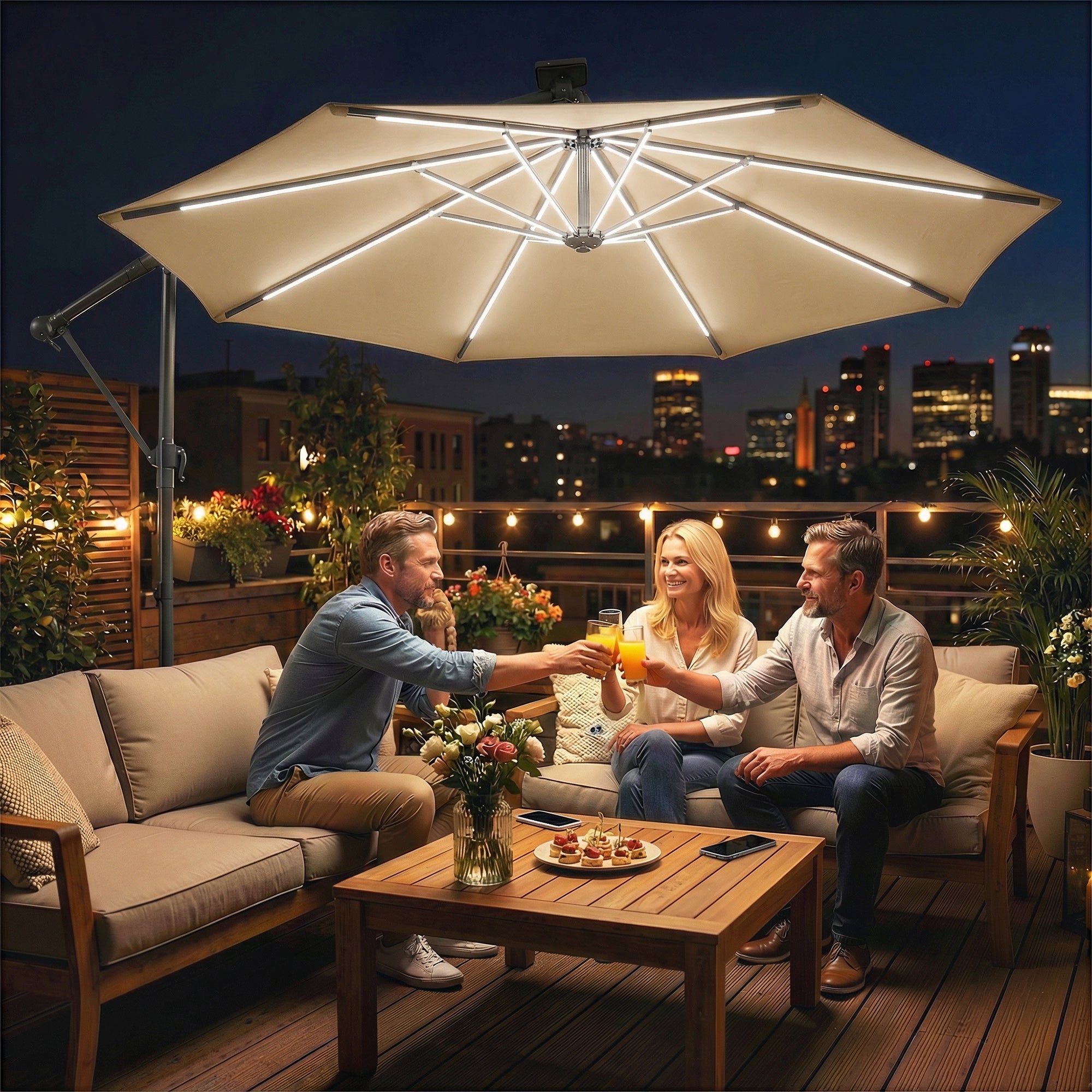 Outsunny 3 m Garden Cantilever Parasol with LED Solar Light, Round Overhanging Umbrella with 360Â° Rotation, Cover, Khaki