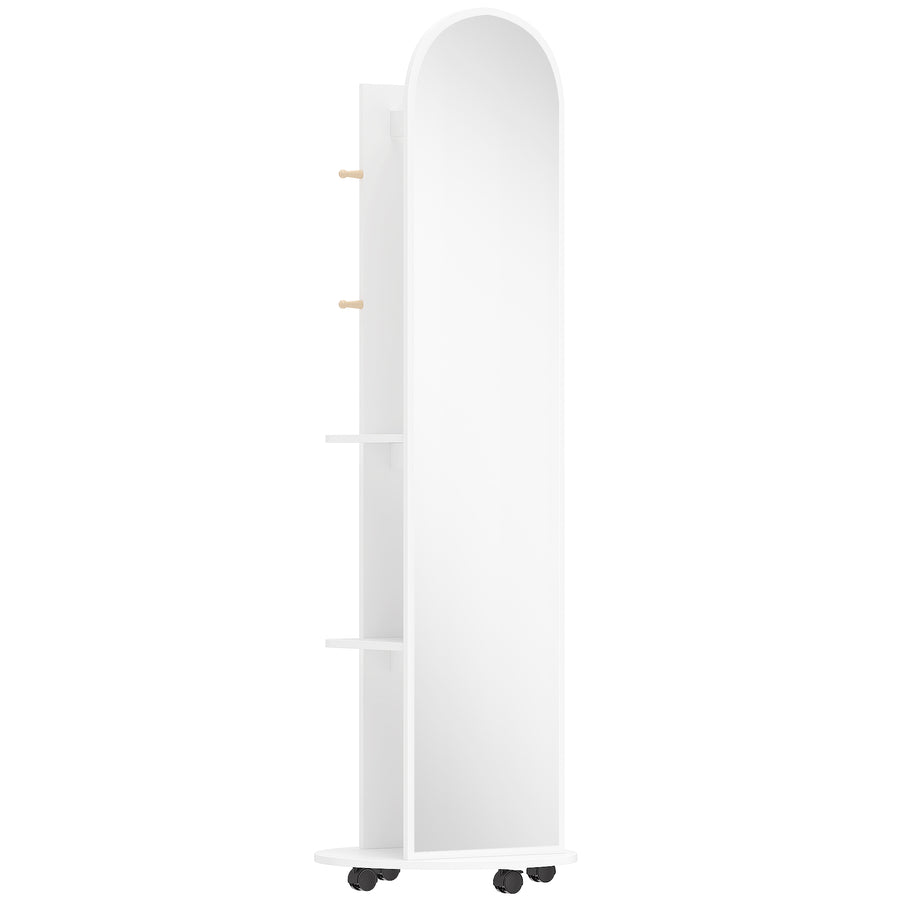 HOMCOM 2-in-1 Full Length Mirror with Storage Shelves, Floor Mirror with 4 Wheels, Coat Rack, Hooks, White