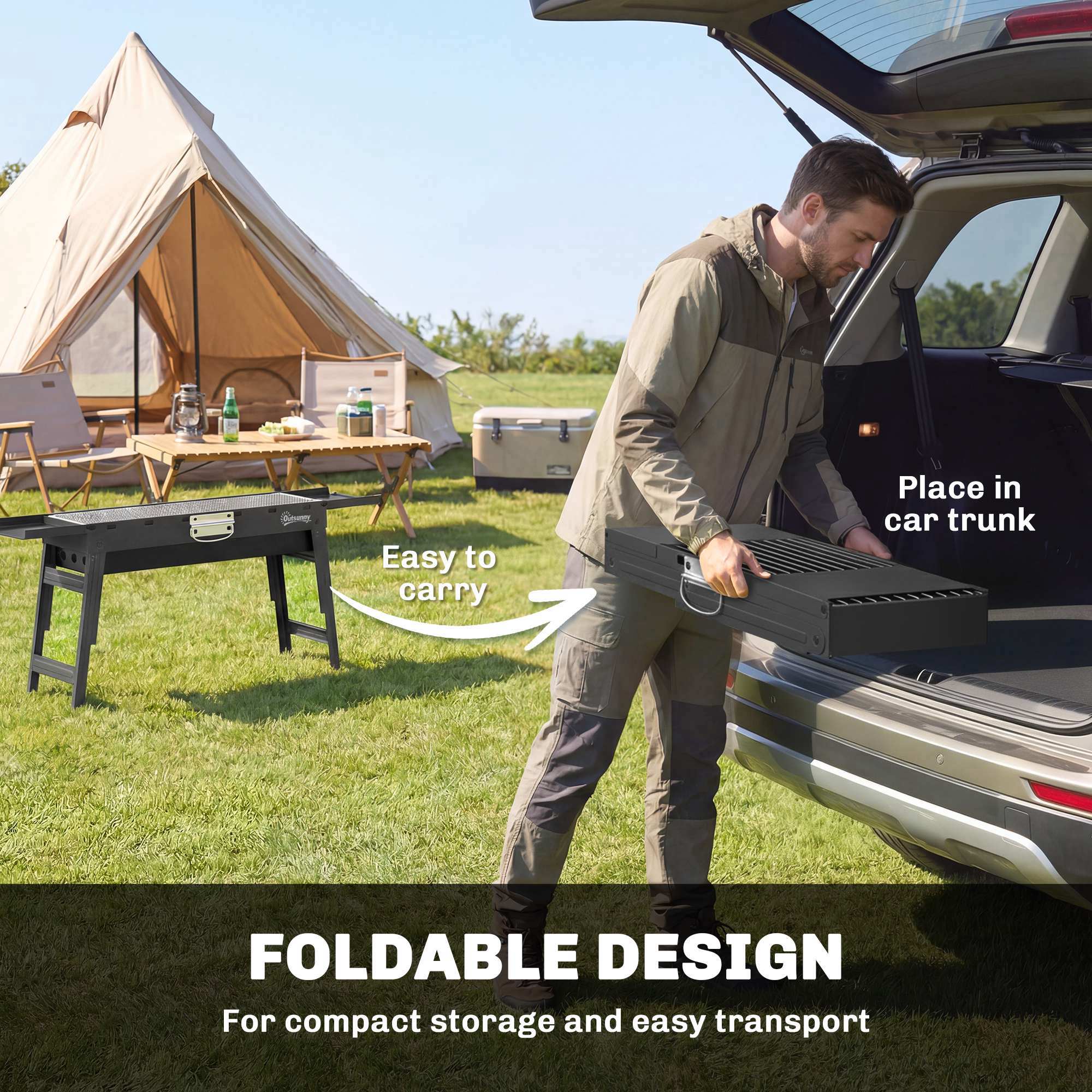 Outsunny Portable BBQ Grill, Foldable Charcoal Grill for Camping and Picnics with 2 Side Shelves and Handle, Black