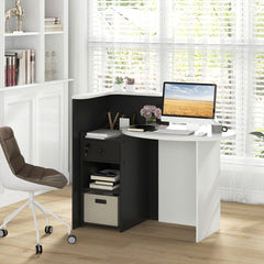 The office desk shown in a home office setting with a chair and computer