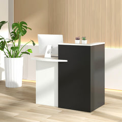 A black and white reception desk in a minimalist office space with plants
