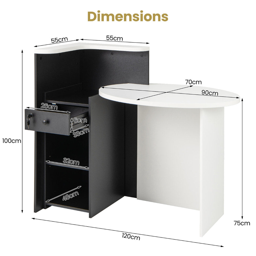 Dimensions diagram for the corner reception counter desk, showing height and width