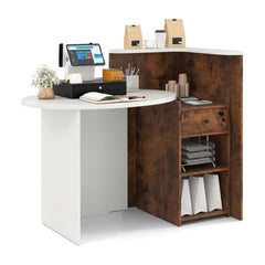 Reception Desk with lockable drawer and adjustable shelf in brown and white, shown with a till and coffee cups