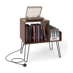 Record Player Stand with Power Outlet and Removable Dividers holding vinyl records on metal legs