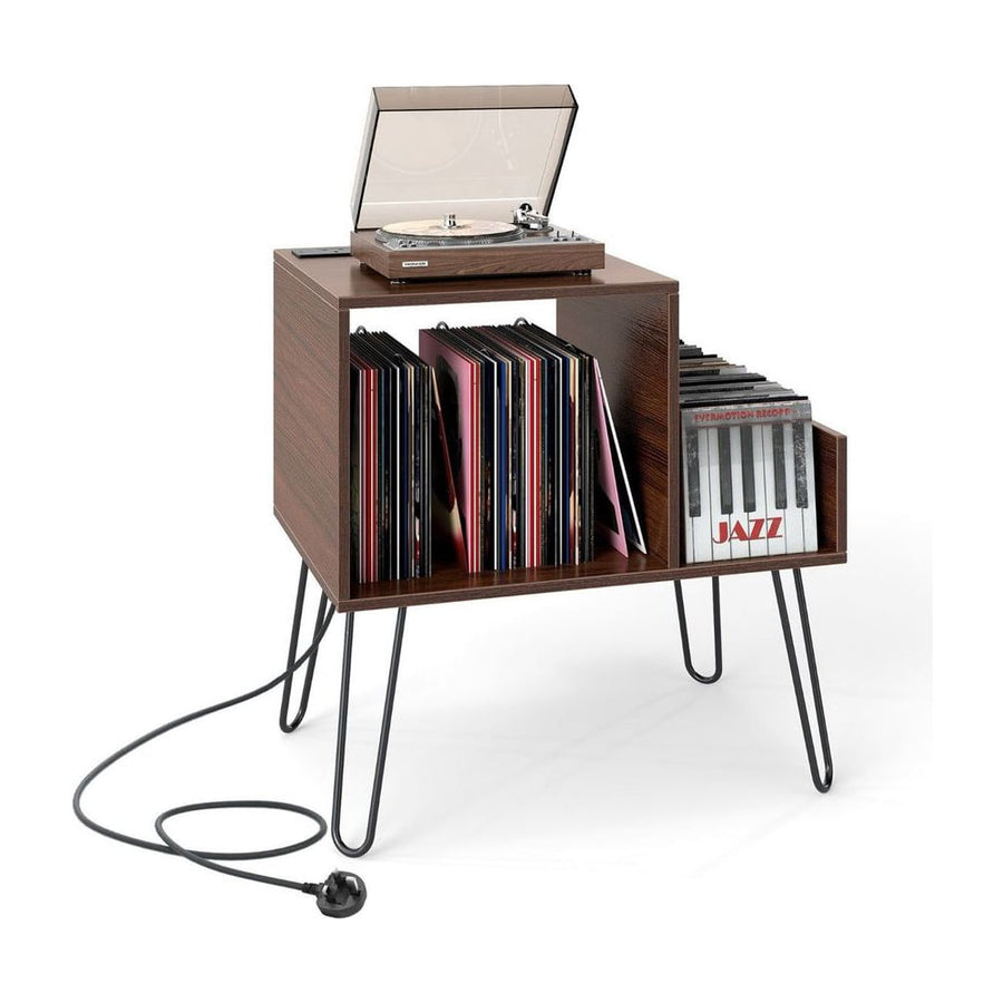 Record Player Stand with Power Outlet and Removable Dividers-Walnut