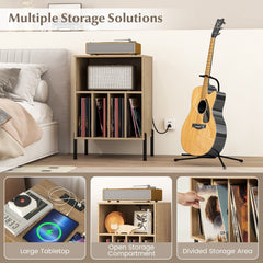 Record Player Stand with Charging Station and 5 Storage Compartments-Natural