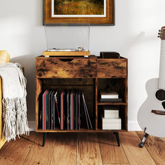Record Player Stand with Built-In Power Strip and 3 Dividers-Rustic Brown