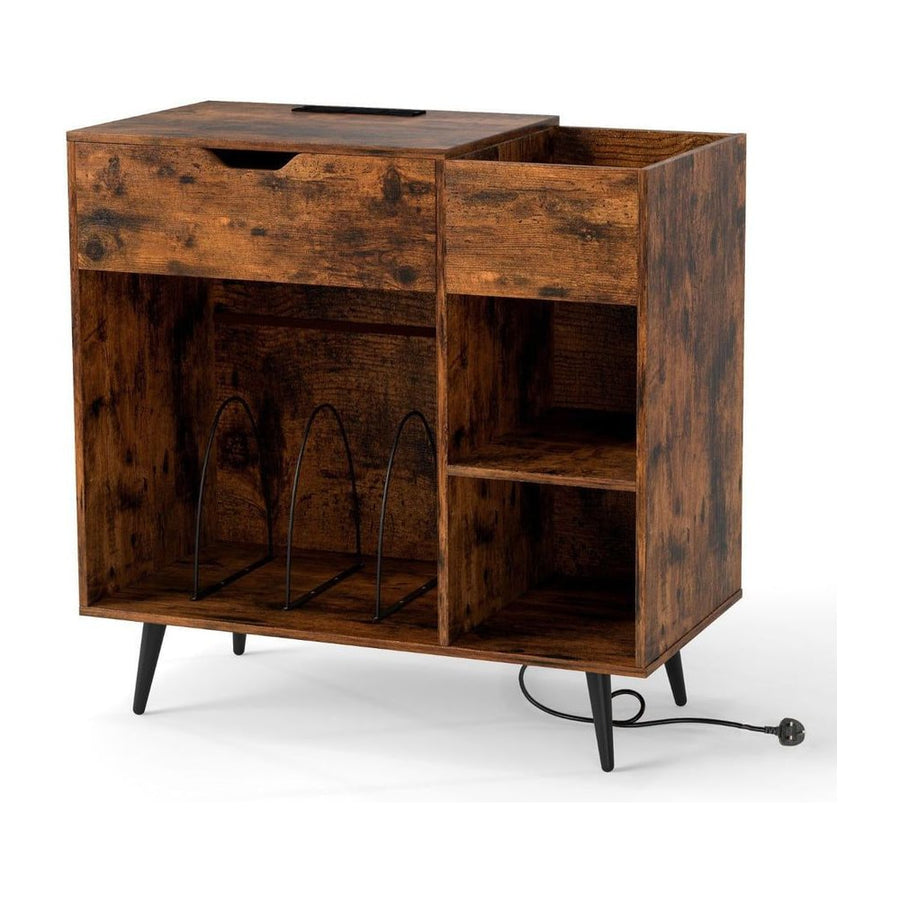 Record Player Stand with Built-In Power Strip and 3 Dividers-Rustic Brown