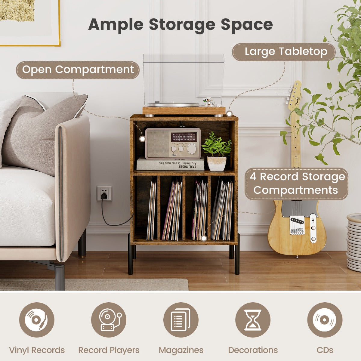 Record Player Stand with Charging Station and 5 Storage Compartments-Brown