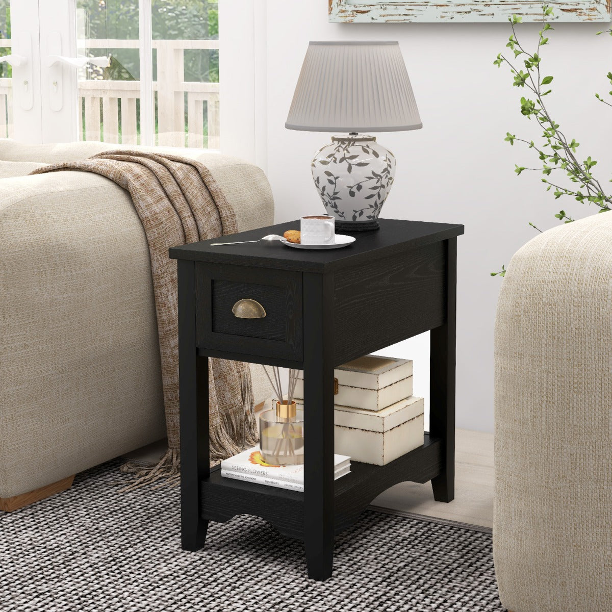 Rectangular Nightstand with 1 Drawer 1 Storing Shelf and 4 Solid Rubber wood Legs-Black