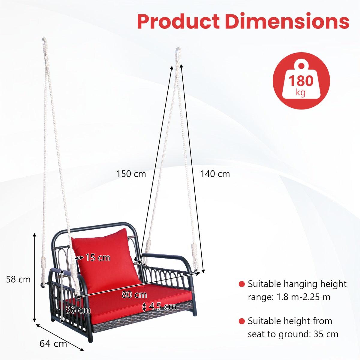 Hanging Porch Swing Chair with Back & Seat Cushion-Red