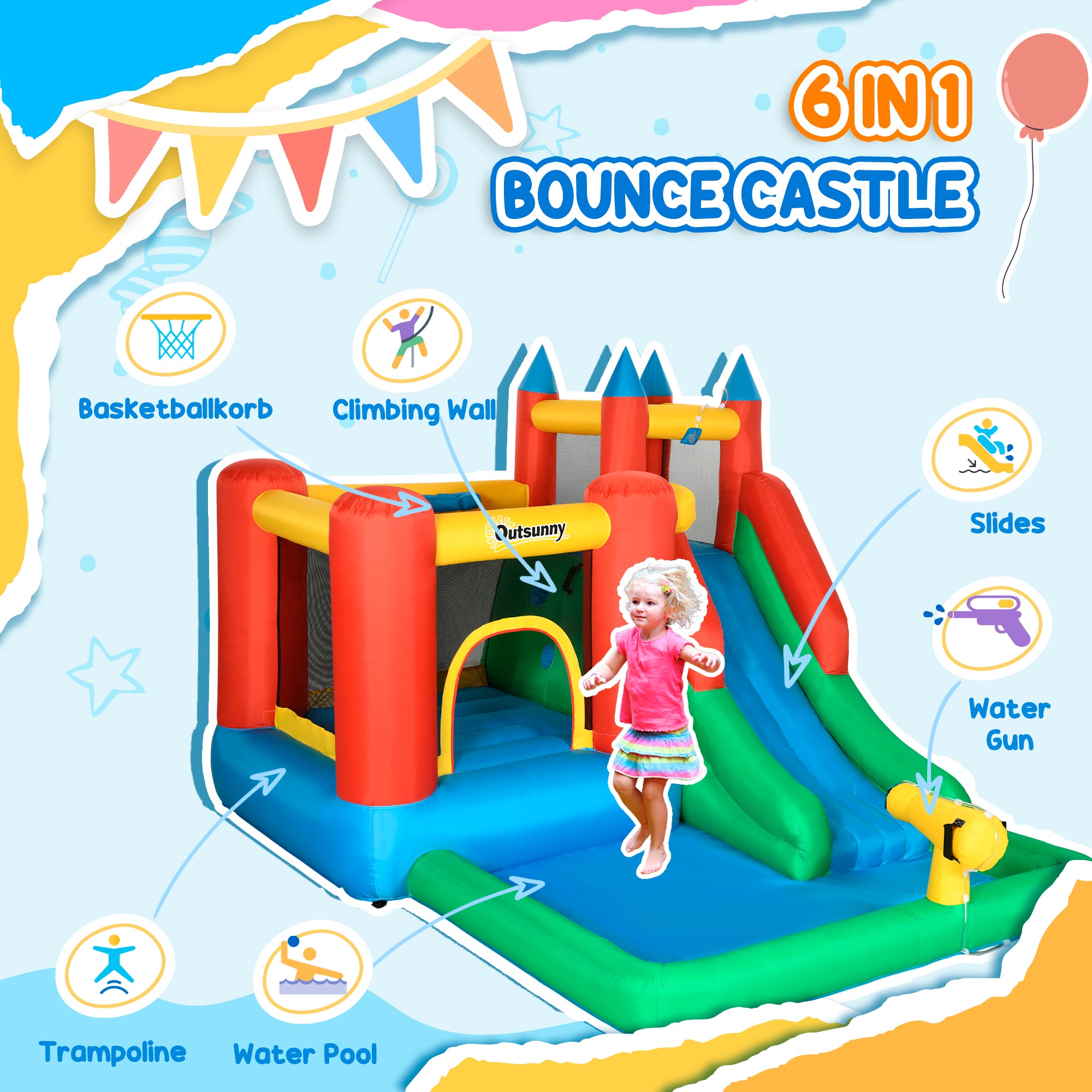 Outsunny Kids Inflatable Bouncy Castle Water Slide 6 in 1 Bounce House Jumping Castle Water Pool Gun Climbing Wall Basketball Hoop with Air Blower for Summer Playland