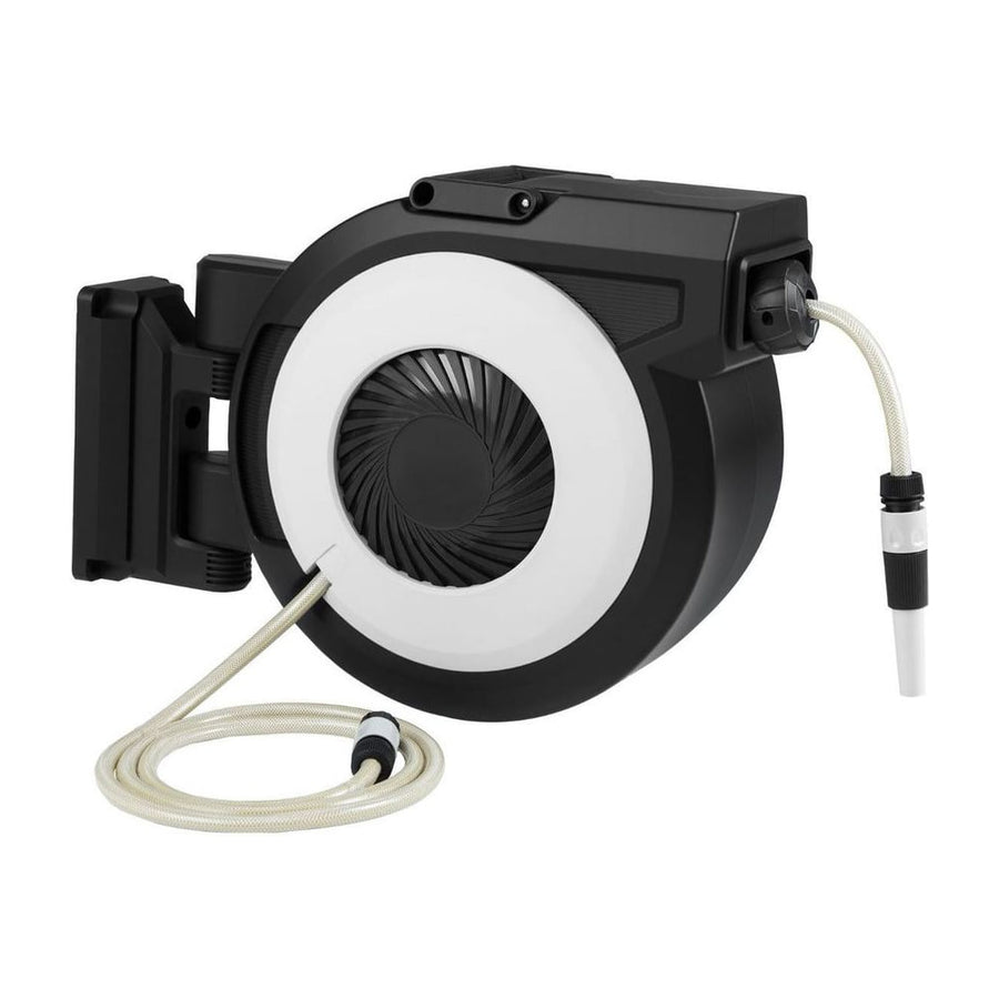 Retractable Garden Hose Reel mounted on a wall with the hose extended