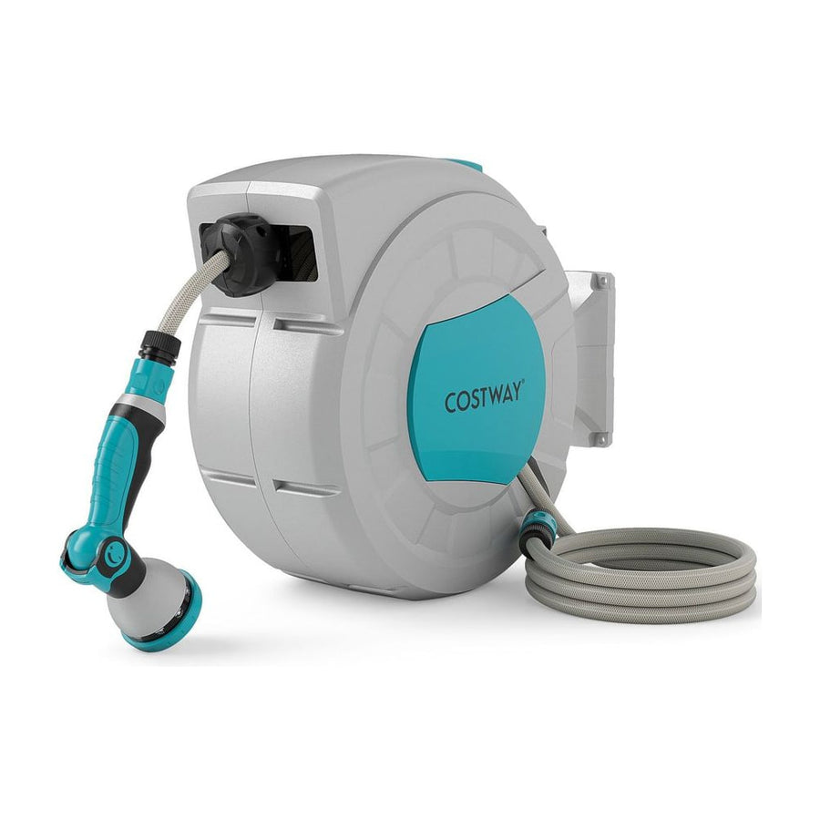Retractable Garden Hose Reel with a spray nozzle and a coiled hose in a grey and teal finish