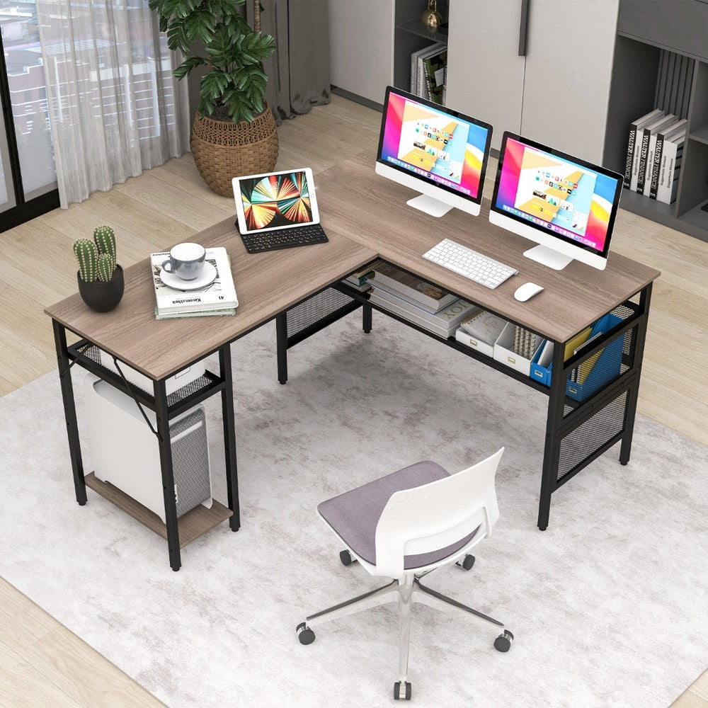 Reversible L-Shaped Computer Desk with CPU Stand in Grey