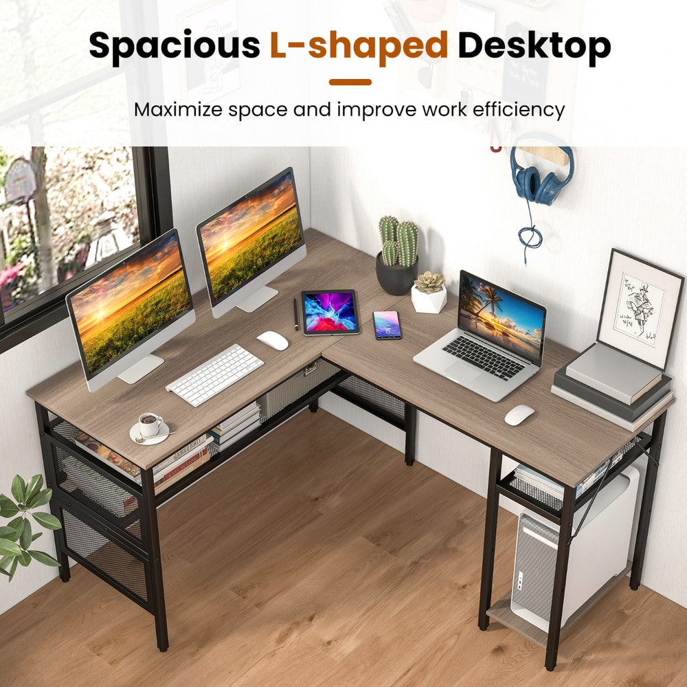 Reversible L-Shaped Computer Desk with CPU Stand in Grey