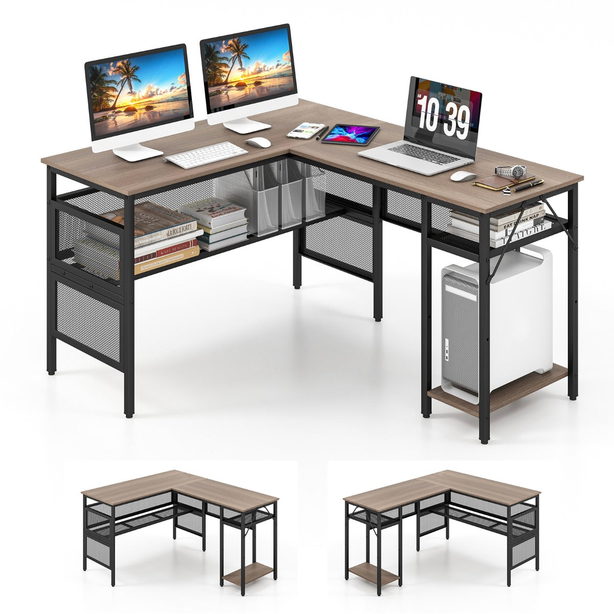 Reversible L-Shaped Computer Desk with CPU Stand in Grey