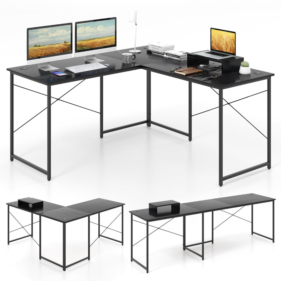 Reversible Corner Study Workstation and Writing Desk with Monitor Stand-Black