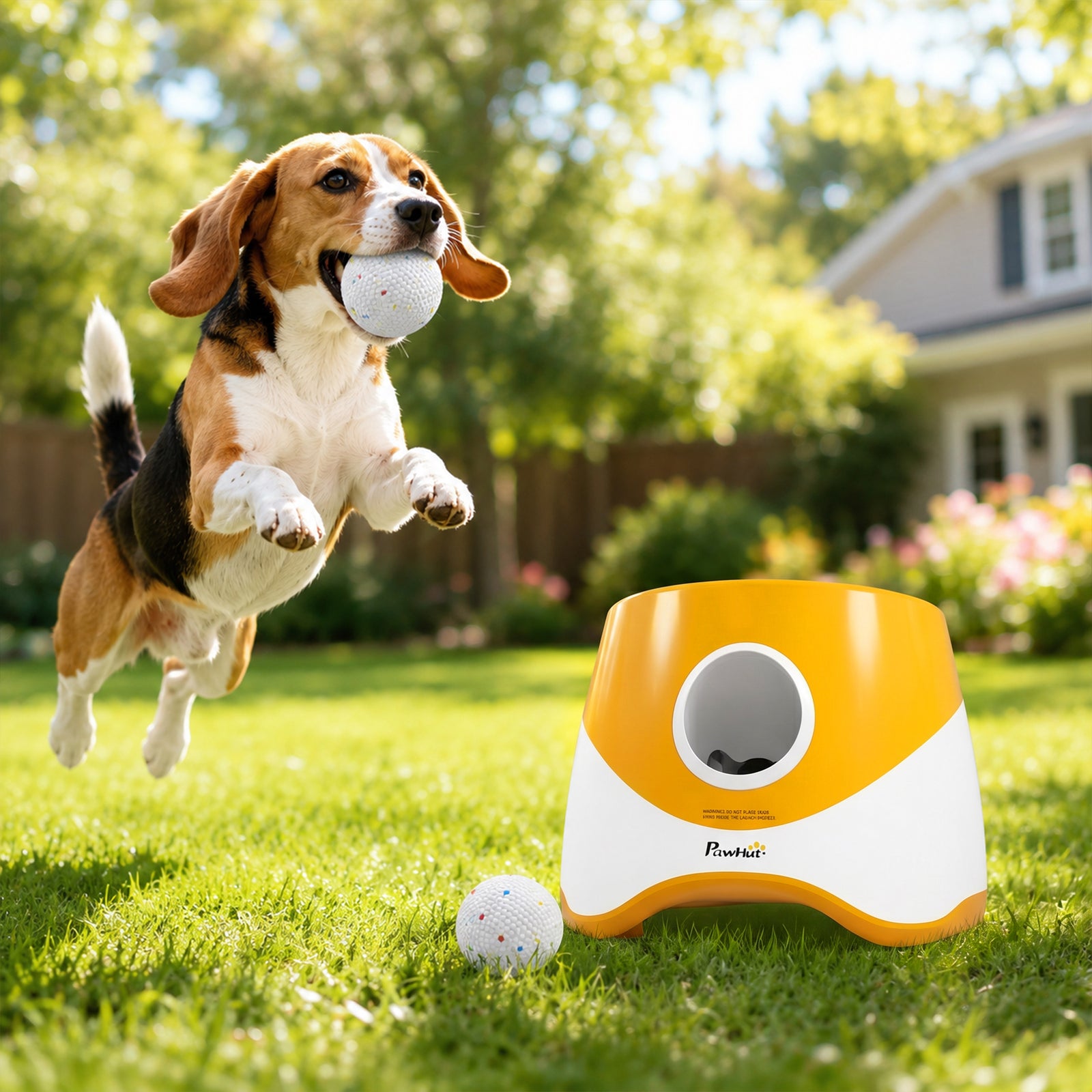 PawHut Automatic Dog Ball Launcher with 5 ETPU Balls 5.8 cm, 3 Distance Settings 6/10/14 m, Orange