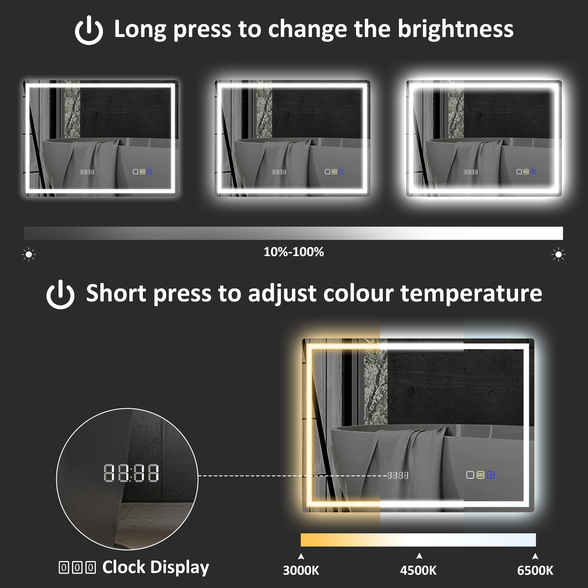 HOMCOM 60 x 80 cm Anti-Fog LED Bathroom Mirror, with Bluetooth and Clock - Silver Tone
