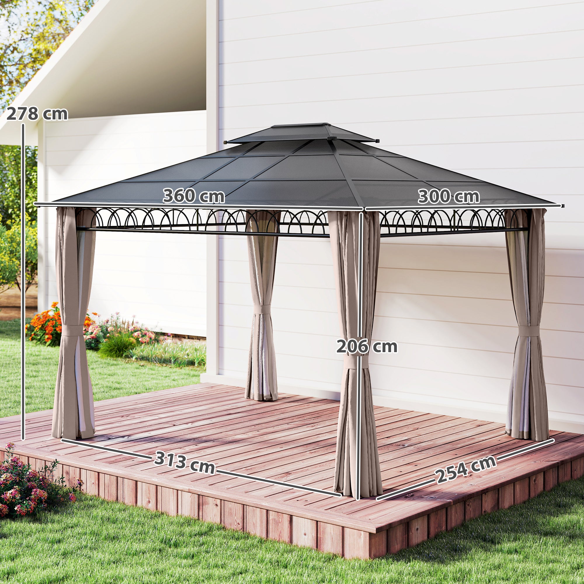 Outsunny 3.6 x 3 (m) Outdoor Polycarbonate Gazebo, Double√Ç Roof Hard Top Gazebo with Nettings√Ç &√Ç Curtains for Garden, Lawn, Patio