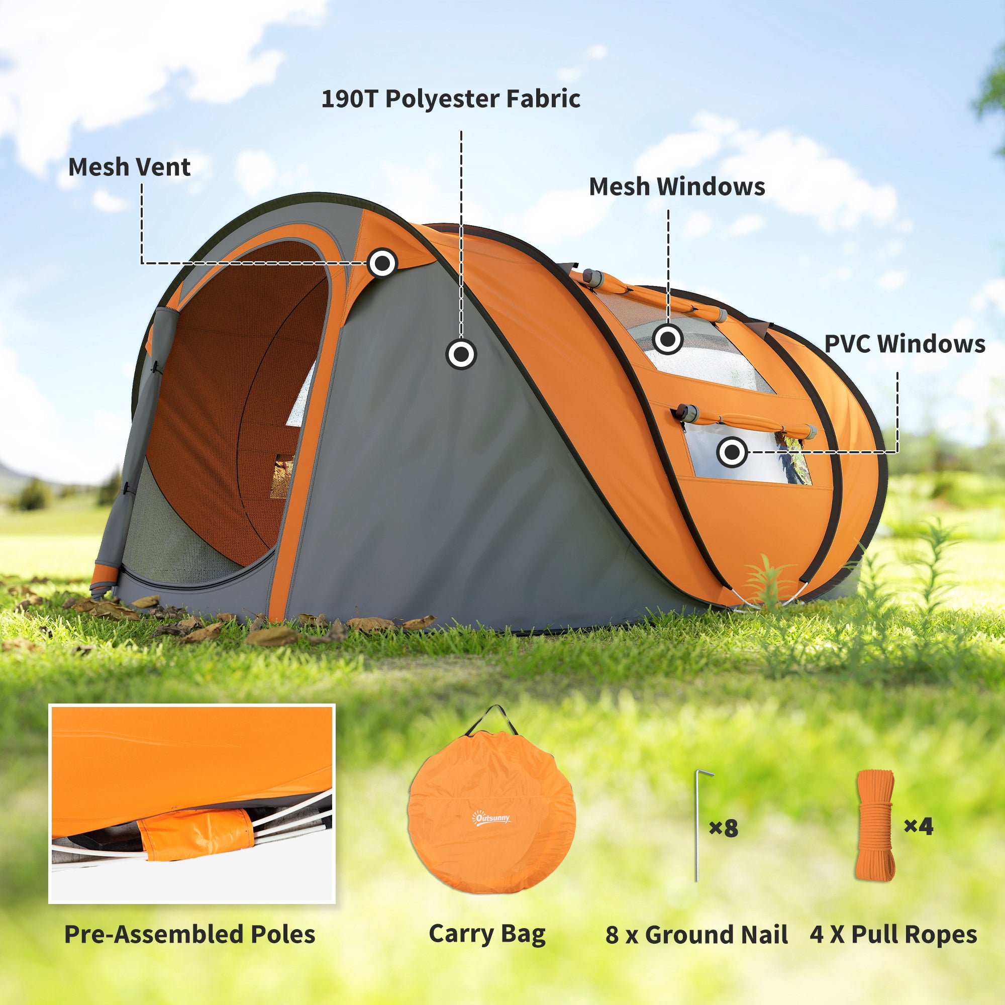 Outsunny 4 Person Pop-up Camping Tent Family Tent with Ground Sheet, 4 Windows and Portable Carry Bag for Beach Outdoor Trip, Orange