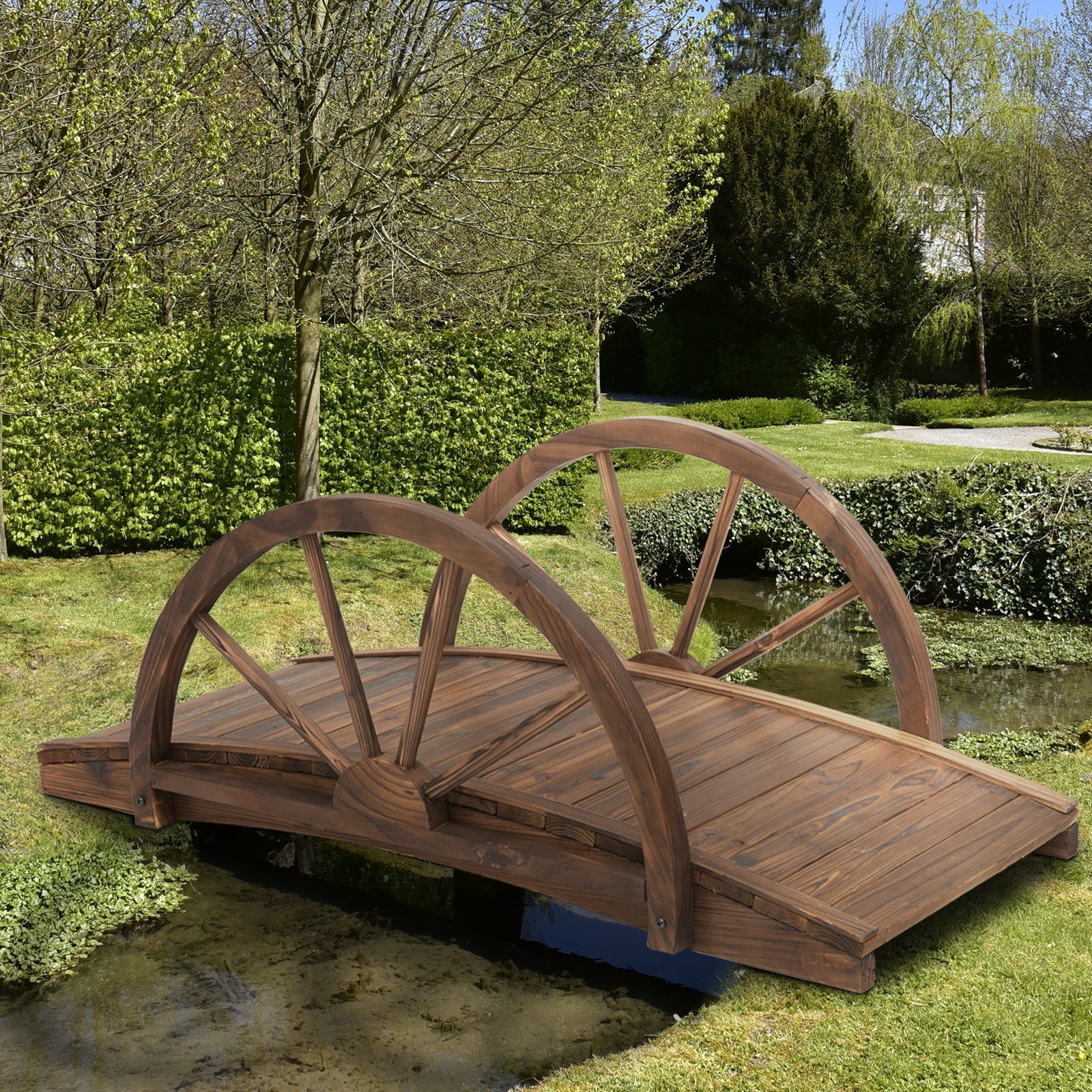 Outsunny Wooden Garden Bridge Lawn DÃ©cor Stained Finish Arc Outdoor Pond WalkwayYard Decoration Half Wheeled Railings 100L x 50W x 37Hcm