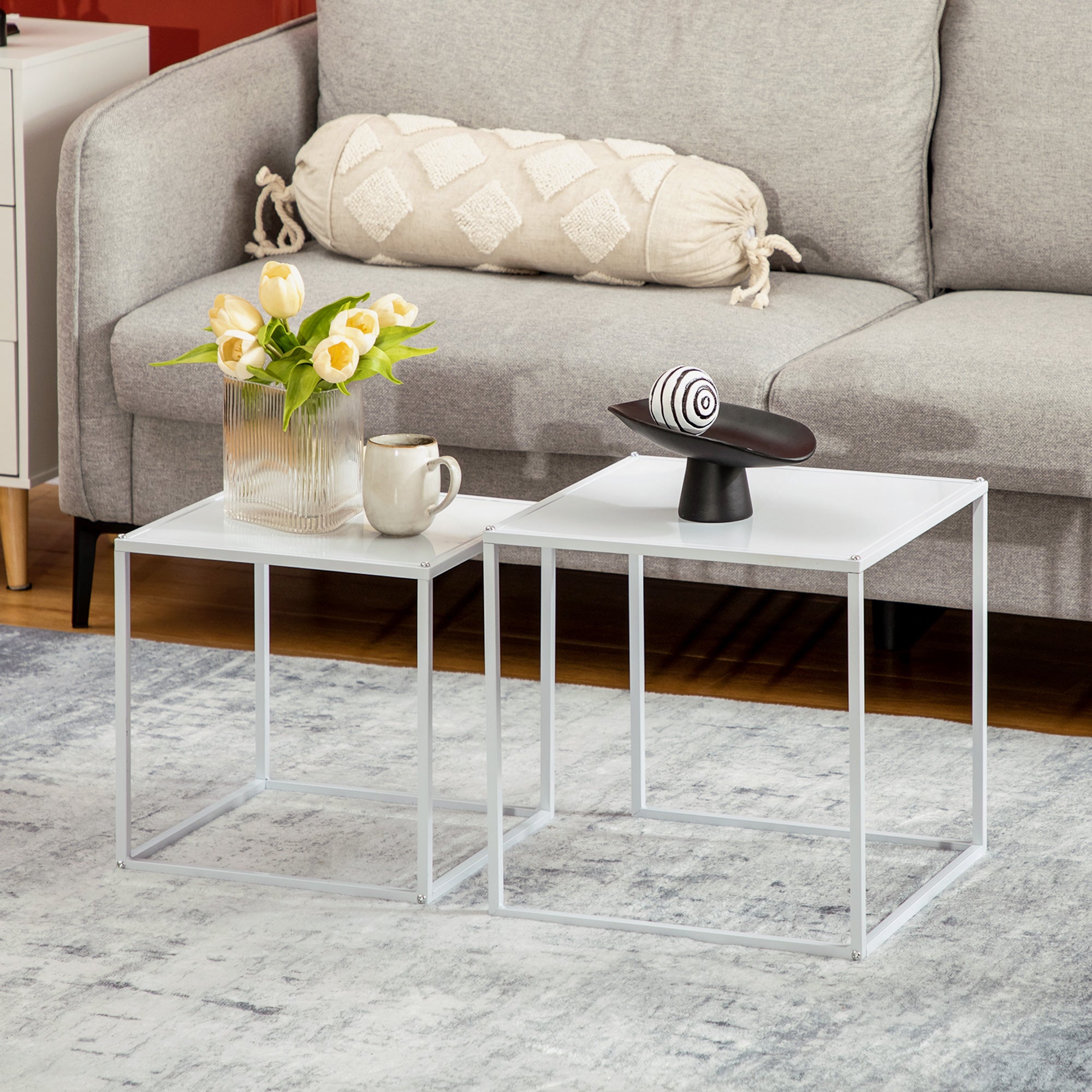 HOMCOM Square Nesting Coffee Table Set of 2, Modern Nest of Tables, Sofa Side Tables with Steel Frame for Living Room, Bedroom, Small Space, White
