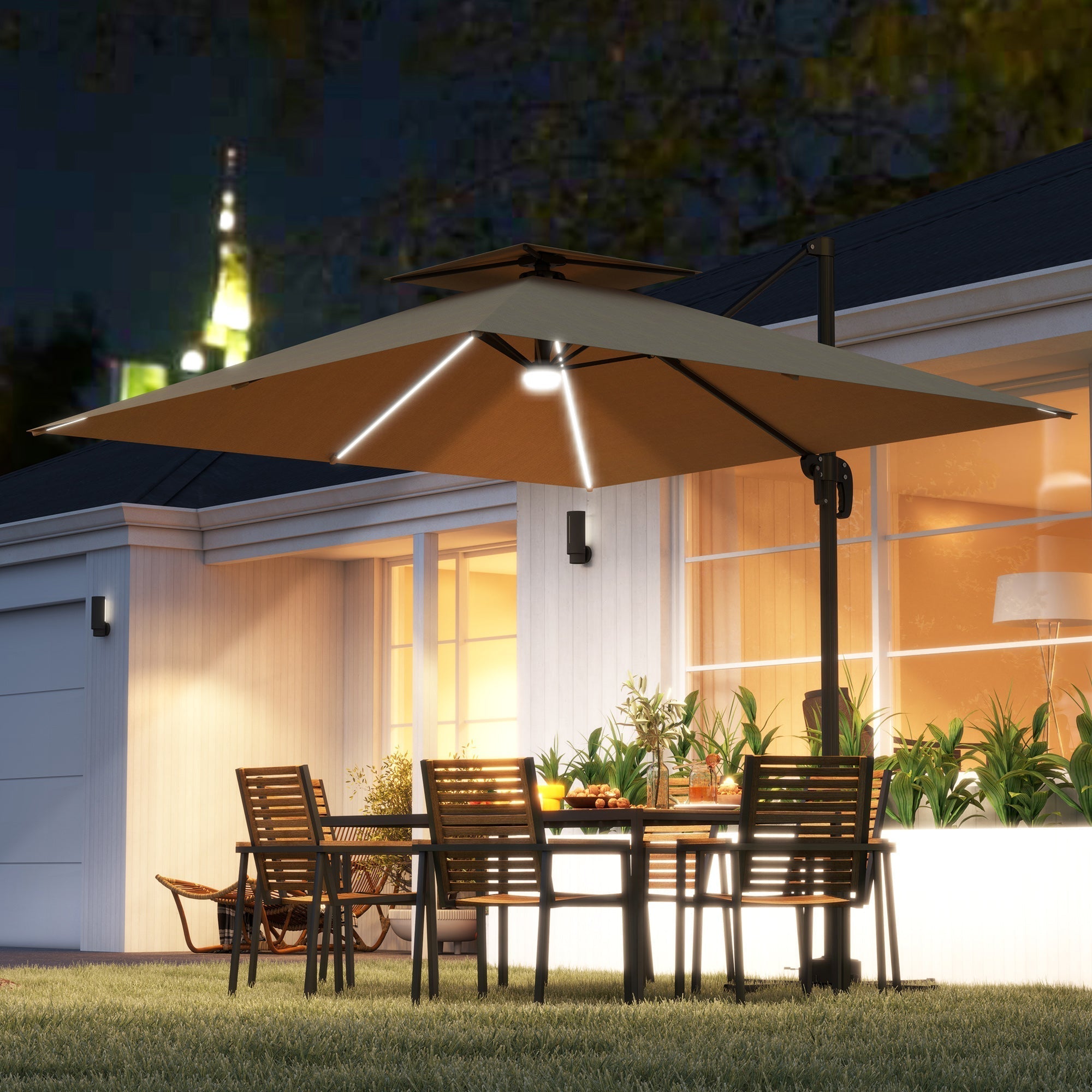 Outsunny 2.5m Cantilever Parasol with Solar Powered LED Lights, 360 Rotation, Tilt Adjustment, Crank Handle, Khaki