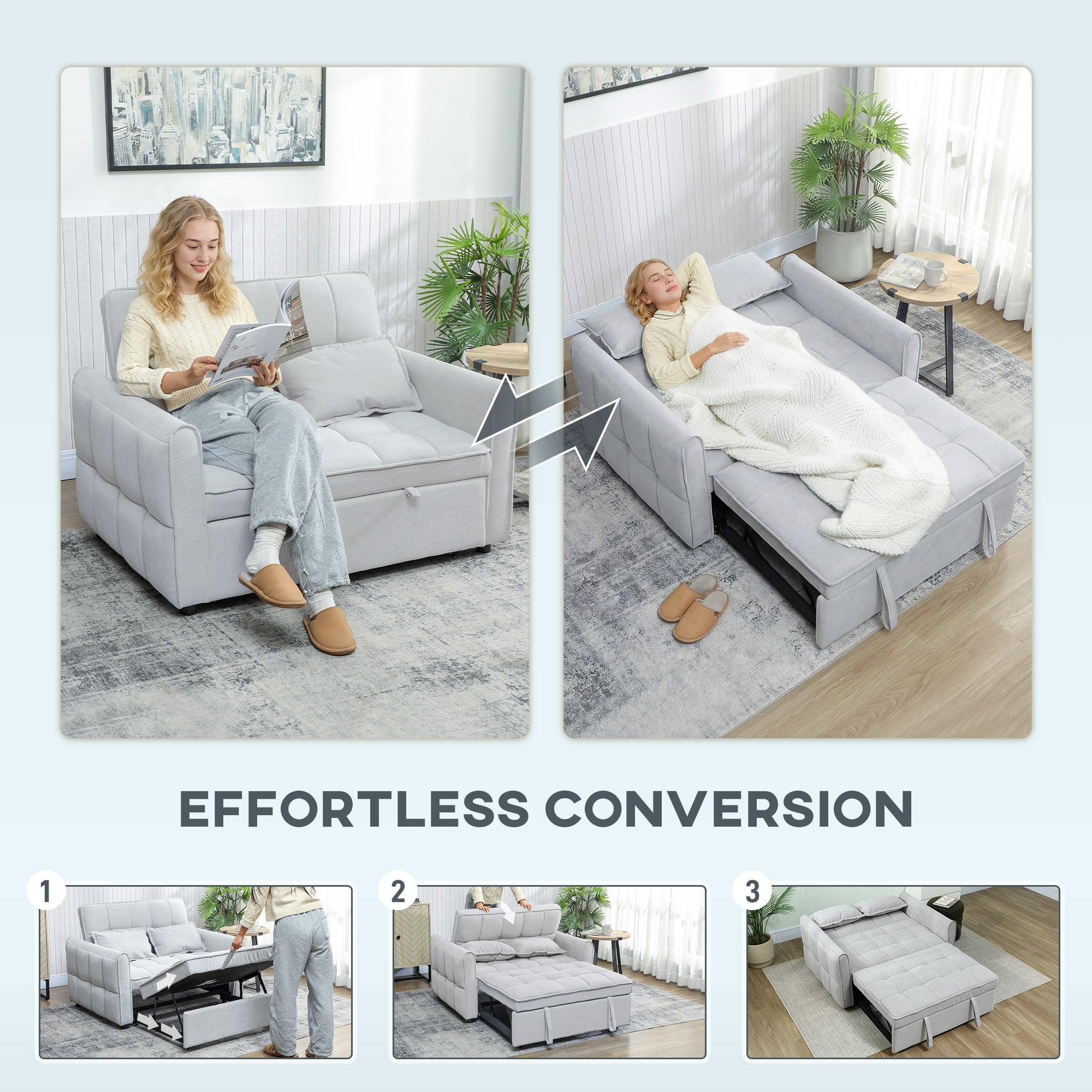 HOMCOM 2 Seater Sofa Bed, 3-in-1 Convertible Sleeper Sofa with Click-clack Adjustable Backrest and 2 Pillows, Light Grey