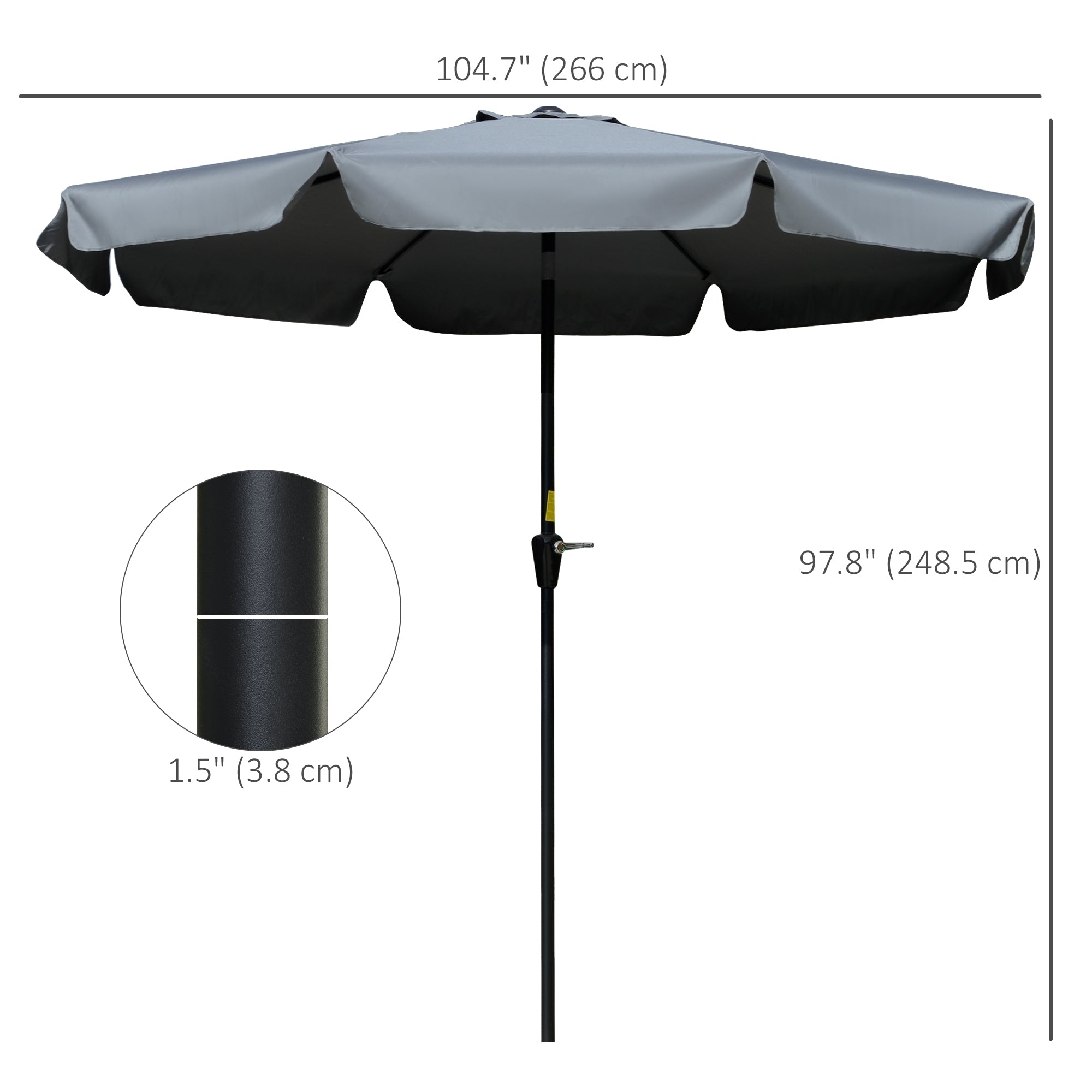 Outsunny 2.7m Patio Parasol Garden Umbrellas Outdoor Sun Shade Table Umbrella with Tilt, Crank, 8 Ribs, Ruffles, Grey
